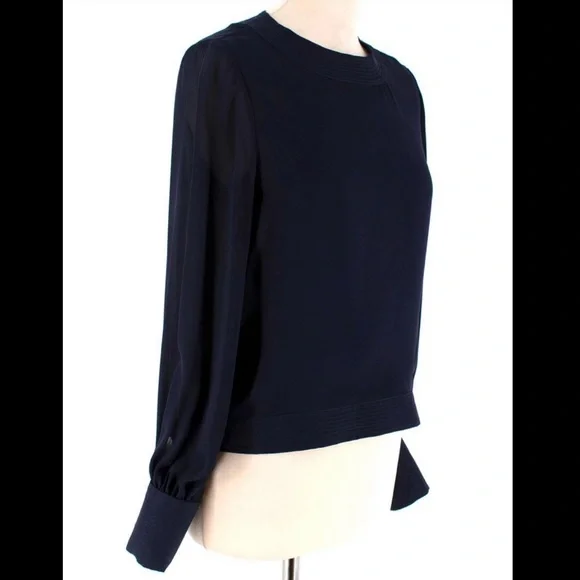 Oscar de la Renta Navy Blue Silk Blouse with white rose buttons